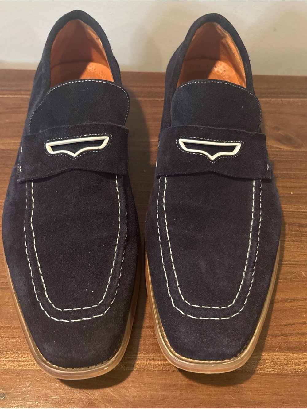 Stacy Adams Navy Suede Penny Loafers with Contrast Stitching